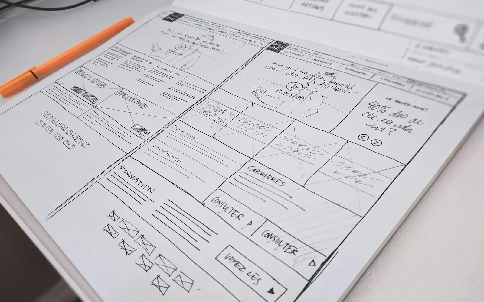 A hand-drawn website wireframe on paper