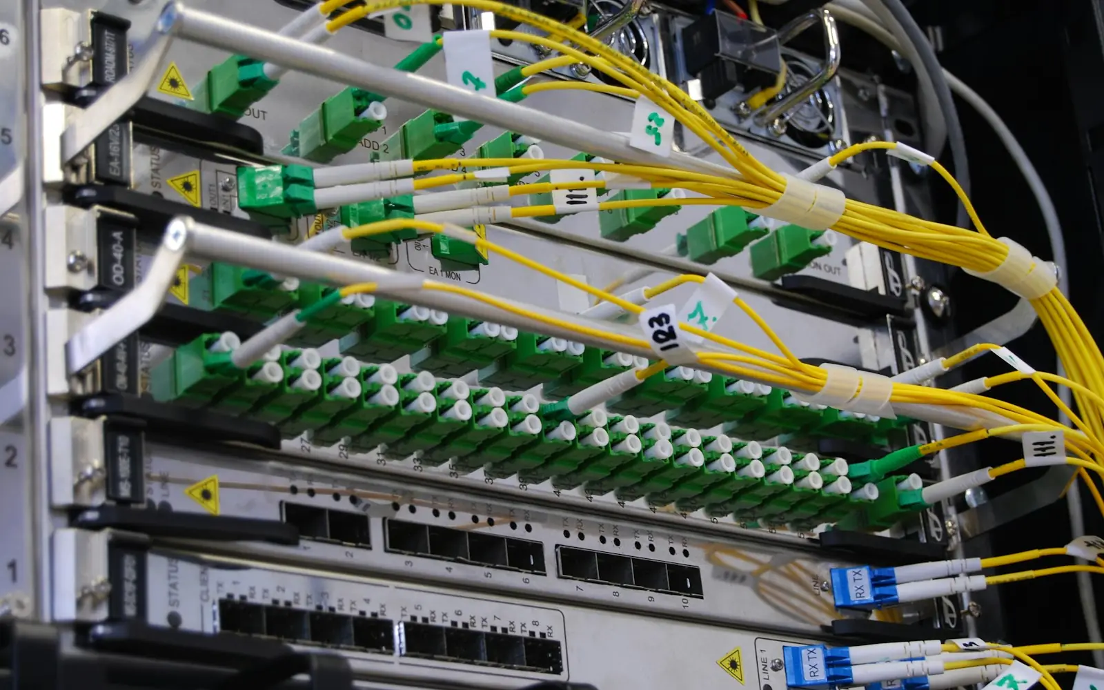 Fibre optic cables connected to a network switch