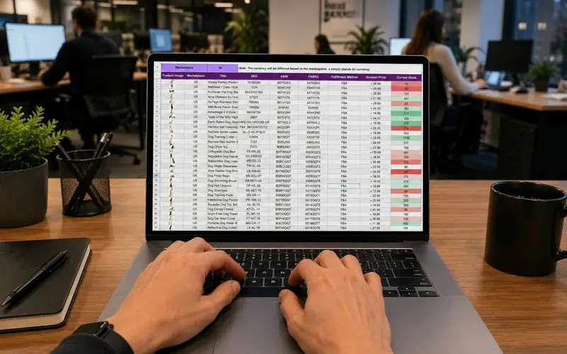 Hands typing on a laptop showing a spreadsheet